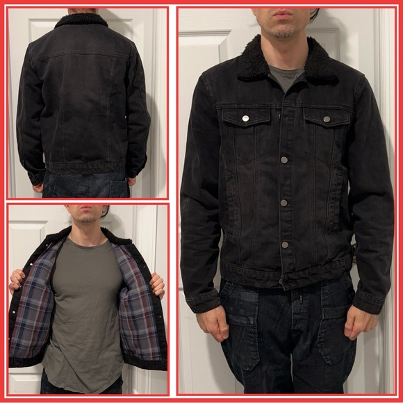 Men’s black Jean jacket with Sherpa collar - Picture 1 of 2